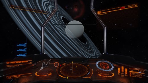 Elite Dangerous ScreenShot, showing outside of ship with ringed planet visible